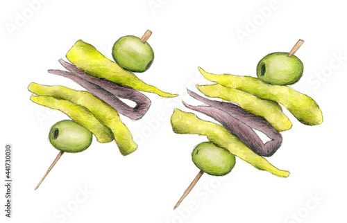 Ilustración de un pincho vasco llamado 'gilda'. Dos gildas con olivas, anchoa y guindilla. Pincho típico de España
