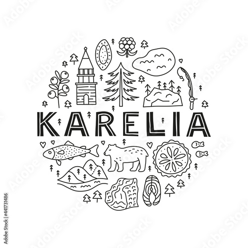 Doodle outline Karelia icons in circle.