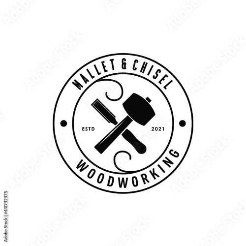 crossed mallet wooden hammer with chisel woodworking logo design vector label stamp sticker badge