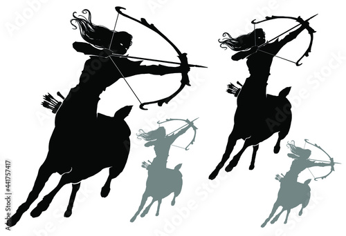 The black silhouette of a beautiful centaur half-deer half-human woman with long hair, she runs forward in an epic pose aiming her bow ready to shoot. 2d illustration