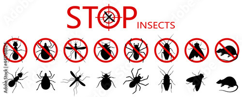 Anti pest control ban, prohibition parasitic insects. Stop, warning, forbidden bug icon set. No, prohibit signs of cockroaches, spiders, fly,mite, ticks, mosquitoes, ants, rats, bug