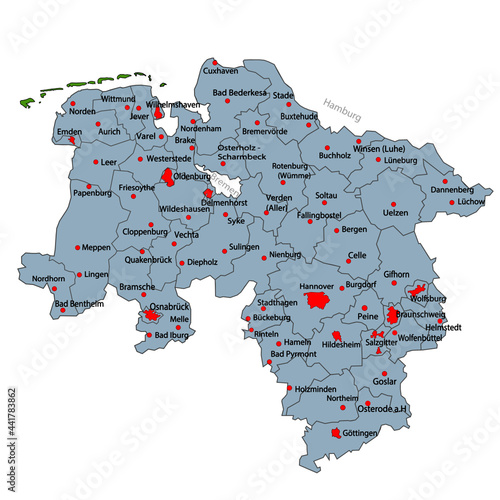 Niedersachsen Landkarte mit den Landkreisen und Städten