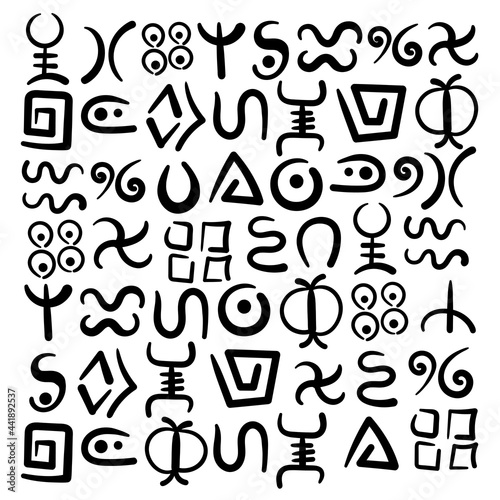A set of abstract symbols of African tribes. Vector doodles of ancient ethnic traditional symbols.