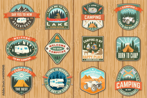 Set of camping badges. Vector Patch or sticker. Concept for shirt or logo, print, stamp or tee. Vintage typography design with quad bike, tent, mountain, camper trailer and forest silhouette.