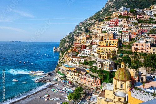 Scenic view of Positano in sunny day, Amalfi Coast (Province of Salerno), Campania, Italy.