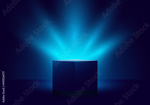 3D blue mystery box with Illuminated lighting glitter on dark background