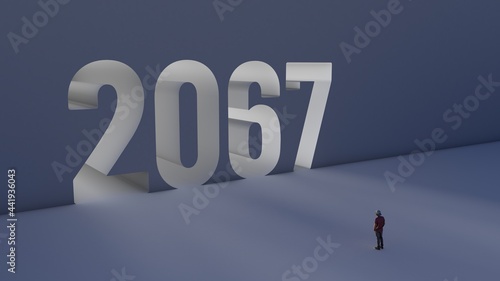 3D illustration of number 2067 with a man walking towards it