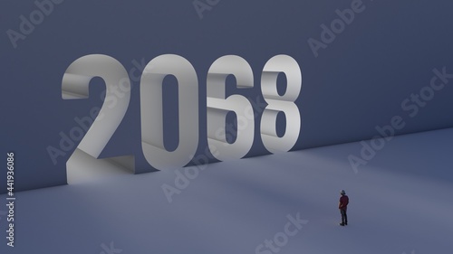 3D illustration of number 2068 with a man walking towards it