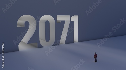 3D illustration of number 2071 with a man walking towards it