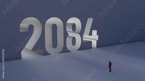 3D illustration of number 2084 with a man walking towards it