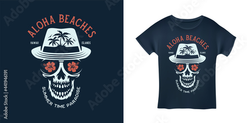 Aloha beaches quote fancy skull in summer hat t-shirt print. Hawaii islands text typography. Vacation related apparel design. Vector vintage illustration.