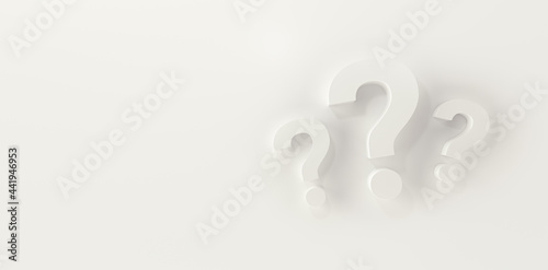 Three question marks in panoramic white studio background.