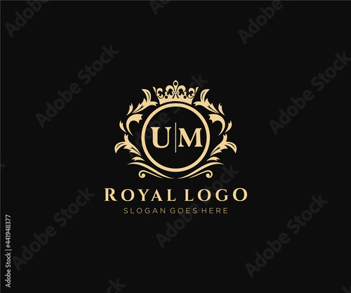 Initial UM Letter Luxurious Brand Logo Template, for Restaurant, Royalty, Boutique, Cafe, Hotel, Heraldic, Jewelry, Fashion and other vector illustration.