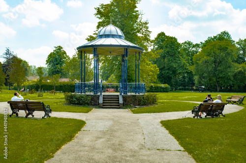 Romsey, Hampshire, UK – June 15 2021. The public bandstand located in Romsey War Memorial Park, Hampshire