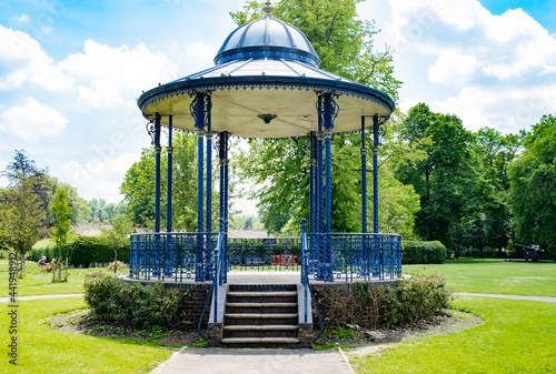 Romsey, Hampshire, UK – June 15 2021. The public bandstand located in Romsey War Memorial Park, Hampshire