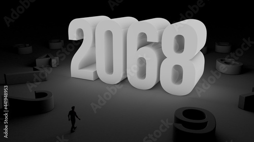 3D illustration of the number 2068 with a man walking towards it