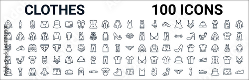 outline set of clothes line icons. linear vector icons such as mannequin,hoodie,mittens,shawl,knickers,pants,blouse,briefs. vector illustration