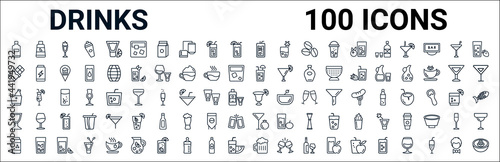 outline set of drinks line icons. linear vector icons such as juice bottle,chocolate,planter's punch,ice bucket and bottle,last word drink,sidecar drink,pomegranate martini,beer mug. vector