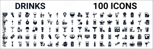 set of 100 glyph drinks web icons. filled icons such as opener,last word drink,pomegranate martini,mai thai,margarita,water jug,wine toast,sex on the beach. vector illustration