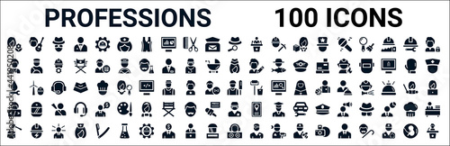 set of 100 glyph professions web icons. filled icons such as musician,lawyer,stewardess,plumber,cricket player,programmer,orthodontist,dj. vector illustration