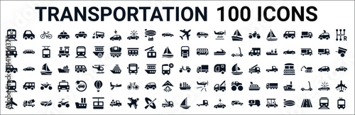 set of 100 glyph transportation web icons. filled icons such as litter car,off road,monorail,jalopy,vespa,subway,cargo ship,schooner. vector illustration