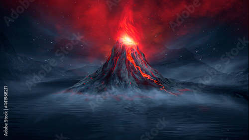 Night fantasy landscape with abstract mountains and island on the water, explosive volcano with burning lava, neon light. Dark Futuristic natural scene with reflection of light in the water. 3D 