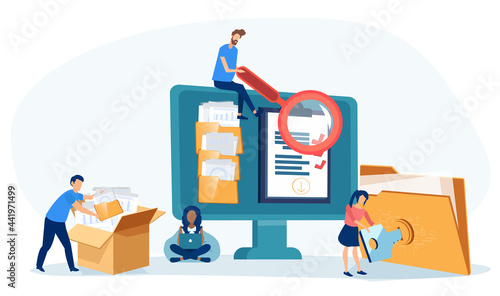 Vector of office employees managing data base and file archive on computer server