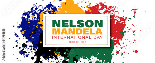 Vector illustration International Nelson Mandela Day 18th July. Splash South African flag colors on background.