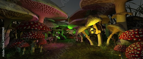 Giant fairy mushrooms illuminated by bright lanterns. Beautiful night scene. 3D illustration for a fairy tale. Fabulous wallpaper.