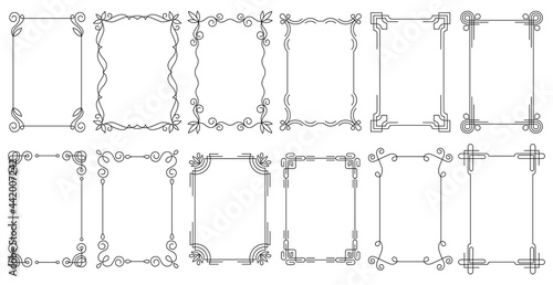 Decorative frames. Vintage calligraphic antique borders. Ornate calligraph rectangle frames, wedding elegant ornamental borders and filigree floral ornaments for framed certificate template
