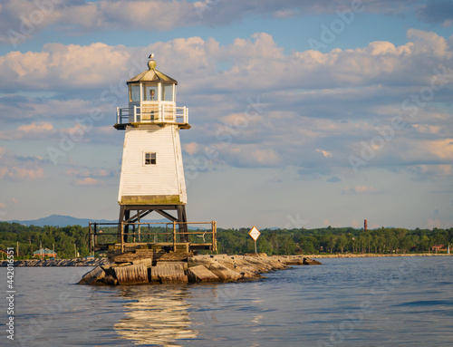 seagull perched on top of Lake Champlain breakwater's lighthouse 