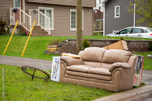 Bulk garbage day concept, funtinure in the street, seasonal waste collection service.