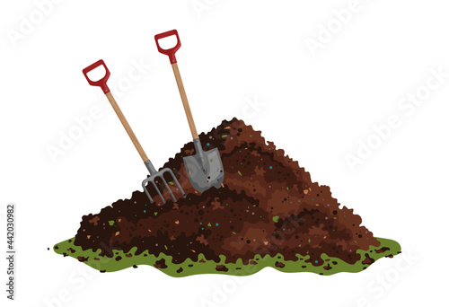Hayfork and shovel in a pile of ground. One big brown heap of organic compost in side view isolated illustration