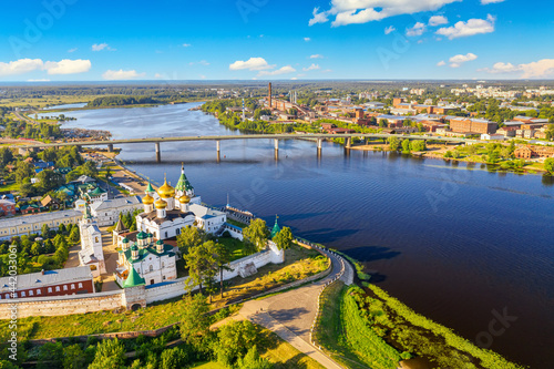 Aerial drone view of the Orthodox Holy Trinity Ipatievsky monastery during summer with Volga river in Kostroma, Russia.