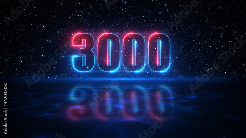 Futuristic Red And Blue Number 3000 Display Neon Sign On Dark Blue Starry Sky Of The Space And Light Reflection On Water Surface Floor