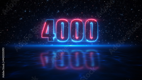 Futuristic Red And Blue Number 4000 Display Neon Sign On Dark Blue Starry Sky Of The Space And Light Reflection On Water Surface Floor