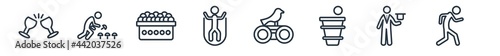 linear set of activities outline icons. line vector icons such as hang out, mushrooming, ball pit, jump rope, bird watching, jogging vector illustration.