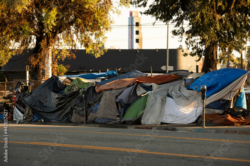 A homeless encampment sits on a street in Downtown Los Angeles, California, USA.