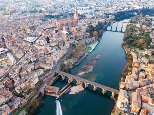View from drone of town of Albi with Sainte-Cecile cathedral and Tarn river, France..