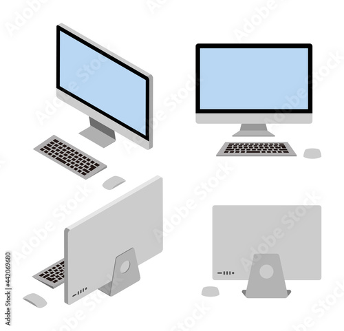 Four angles 3d desktop computers set - blank screen