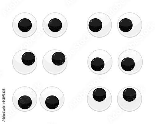 Plastic toy safety wobbly eyes flat style design vector illustration set isolated on white background. Funny, googly plastic toy eyeballs for craft dolls and jokes.