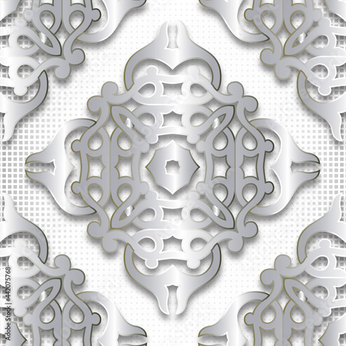 3d silver vintage seamless pattern. Vector digital halftone background. Luxury repeat ornate backdrop. Baroque Damask style ornaments. Decorative surface modern design with flowers, shadows, squares