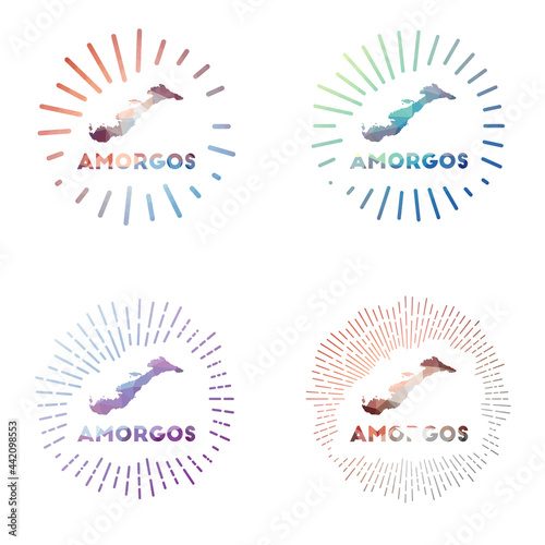 Amorgos low poly sunburst set. Logo of island in geometric polygonal style. Vector illustration.