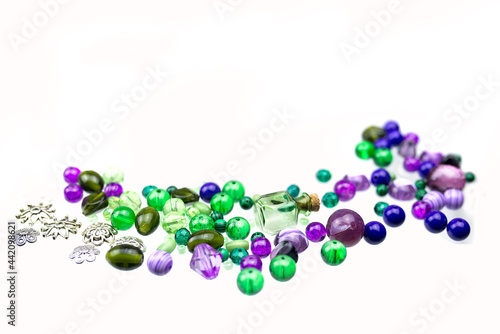 Jewellery suppliers, beads and jewellery findings of different kinds isolated on a white background.