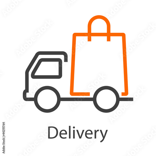 Logo con texto Delivery con camión de transporte con bolsa de la compra con lineas en color gris y naranja