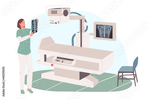 Medical office web concept. Doctor looking at x-ray picture in radiographic examination room. Medical clinic treatment. People scenes template. Vector illustration of characters in flat design