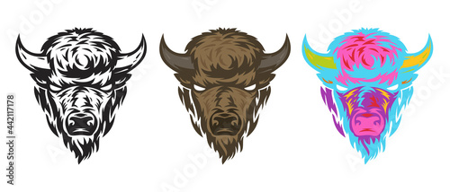 Collection buffalo head in hand drawn sketch style isolated on white background. Modern graphic design element for label or poster. Vector art illustration.