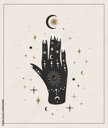 Woman hand with painted mehendi of sun, moon, stars sacred geometry,Alchemy esoteric mystical magic celestial talisman isolated.Spiritual occultism object.Vector isolated illustration in black style