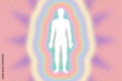 Retro feel peachy pink rainbow aura layers, energy field with human figure - grainy, high resolution background