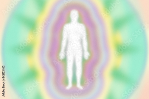Retro feel purple green yellow aura layers, energy field with human figure - grainy, high resolution background